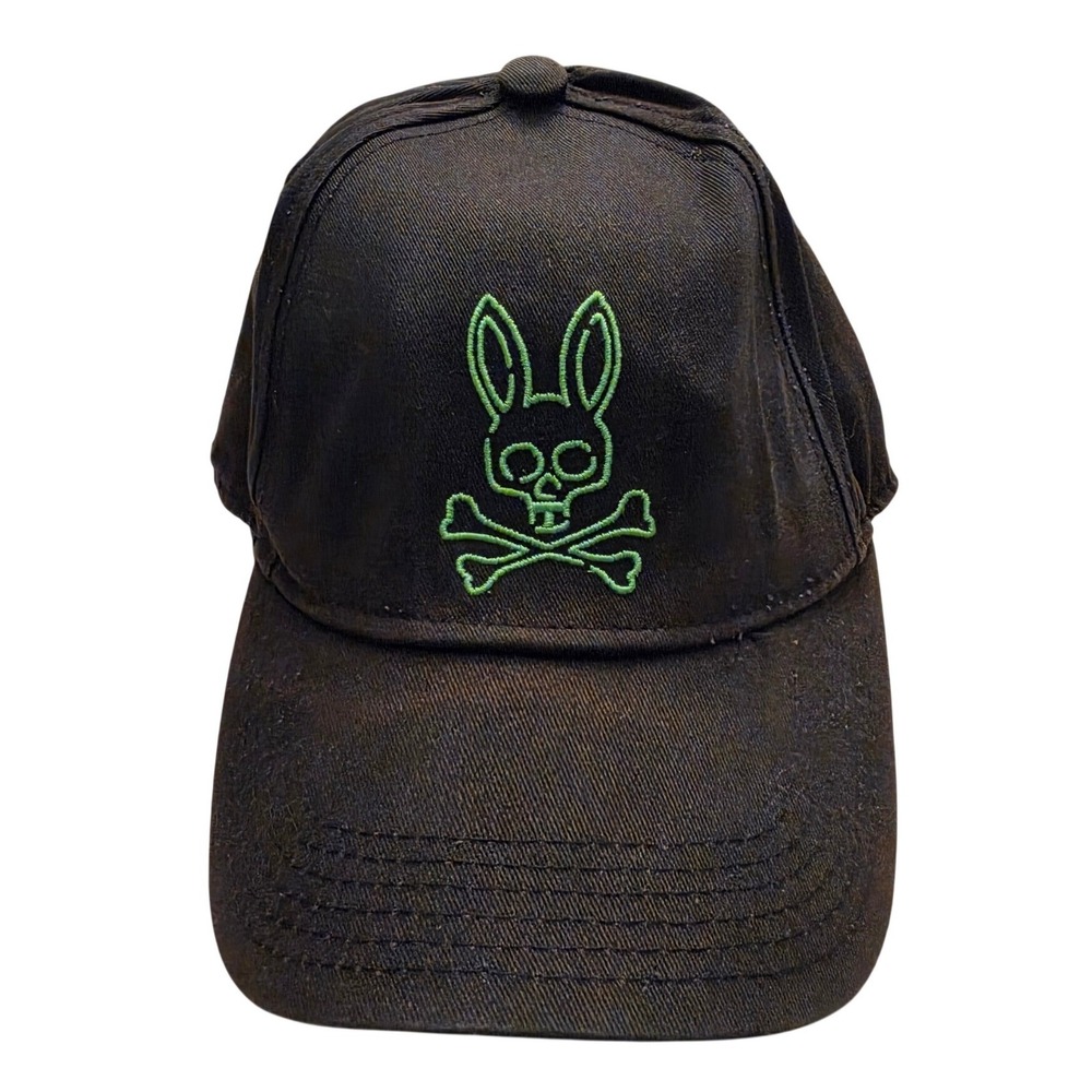 Psycho Bunny Mens Black Baseball Cap Neon Green Embroidered Logo Adjustable Hat